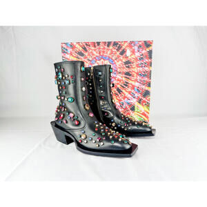 Dolce & Gabbana Crystal Western Cowboy Ankle Boots Black Leather Men EU39 Runway